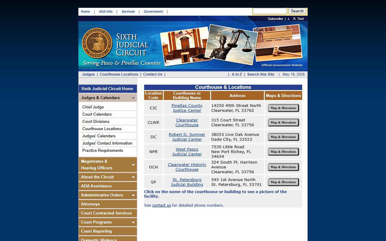 Pinellas County Circuit Court addresses and directions page listing courthouse locations and contact information
