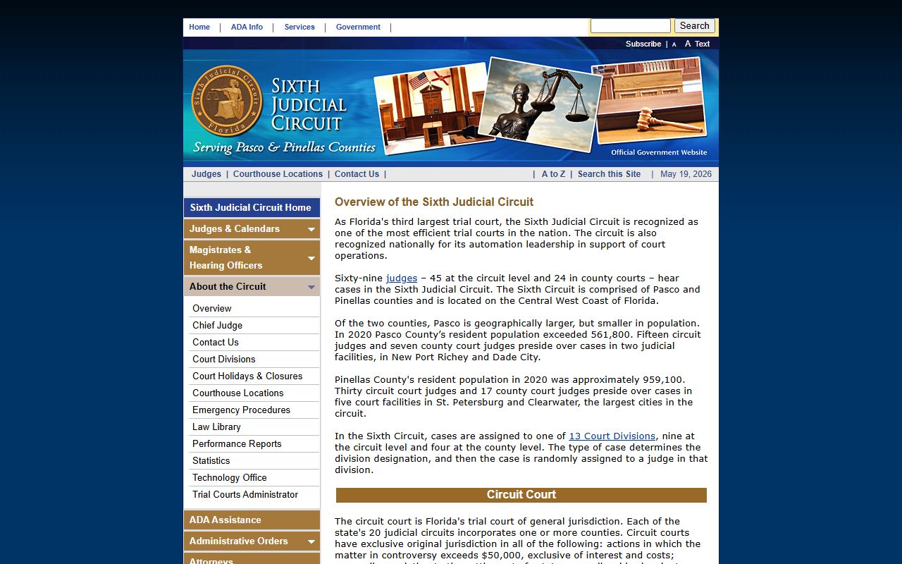Pinellas County Circuit Court About the Circuit page showing judge counts, divisions, and court overview