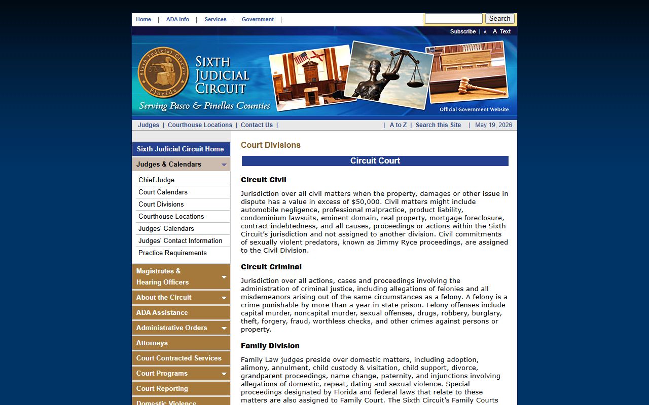 Pinellas County Circuit Court divisions page showing circuit civil, criminal, family, probate, and county court jurisdictions