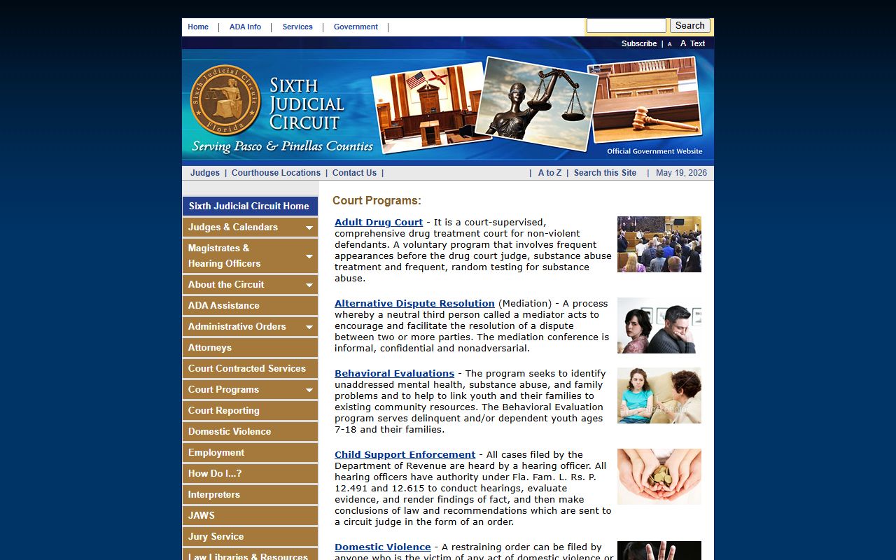 Pinellas County Circuit Court programs page listing adult drug court, mediation, domestic violence, unified family court, and juvenile diversion programs