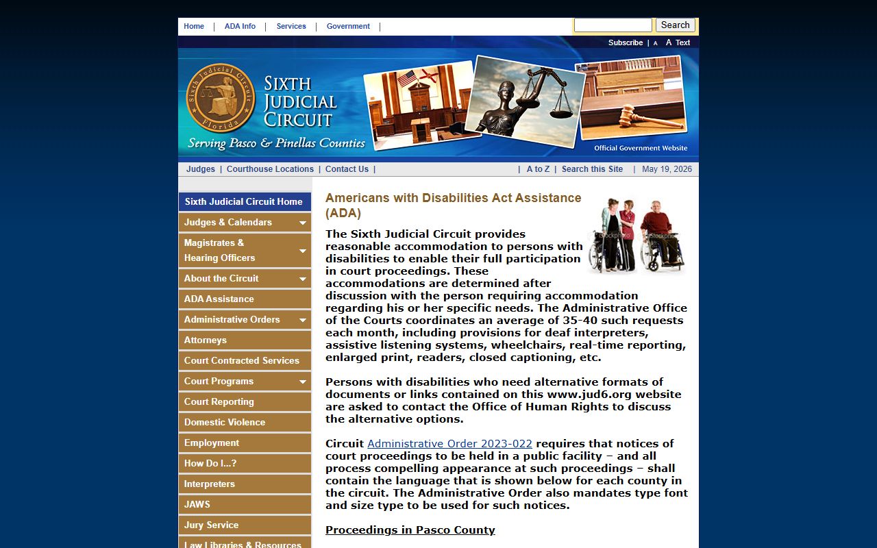 Pinellas County Circuit Court ADA assistance page showing available accommodations, deaf interpreters, assistive listening, and contact information