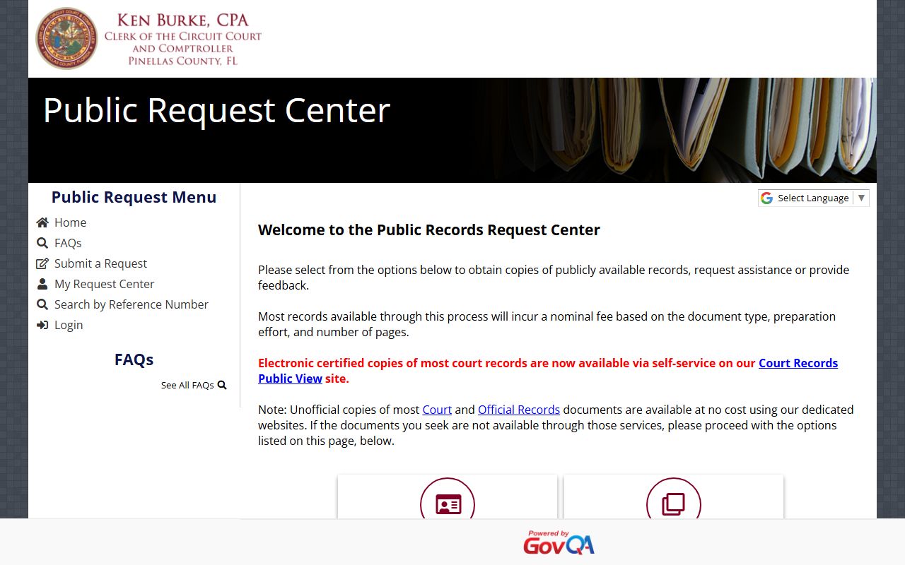 Pinellas County Clerk public records request center portal for court copy and records requests