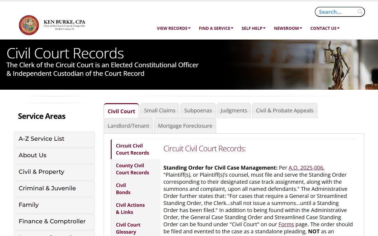 Pinellas County Clerk of Court civil and family court records page