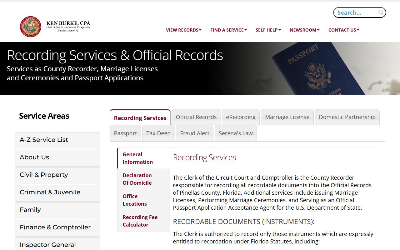 Pinellas County Clerk recording services page for official records and certified document requests