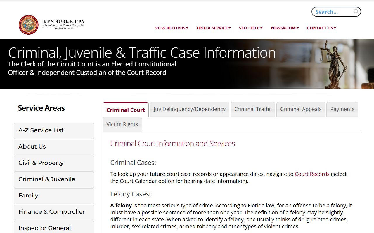Pinellas County Clerk of Court criminal and juvenile court records page