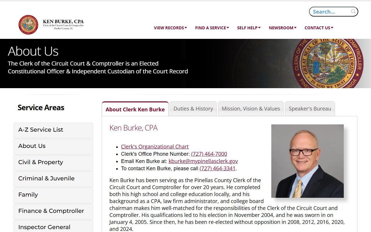 Pinellas County Clerk of Court About Us page showing office history and Ken Burke profile