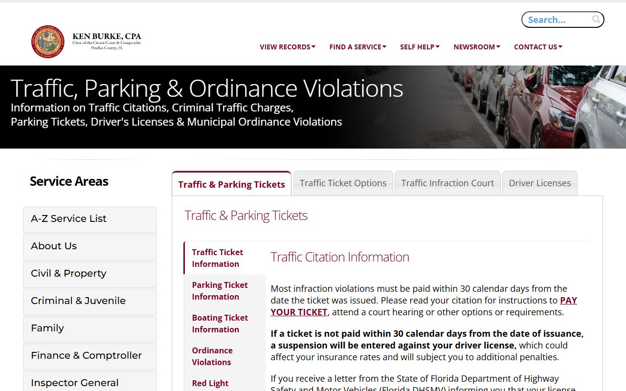 Pinellas County traffic court records and citation payment portal on the Clerk Traffic and Parking page