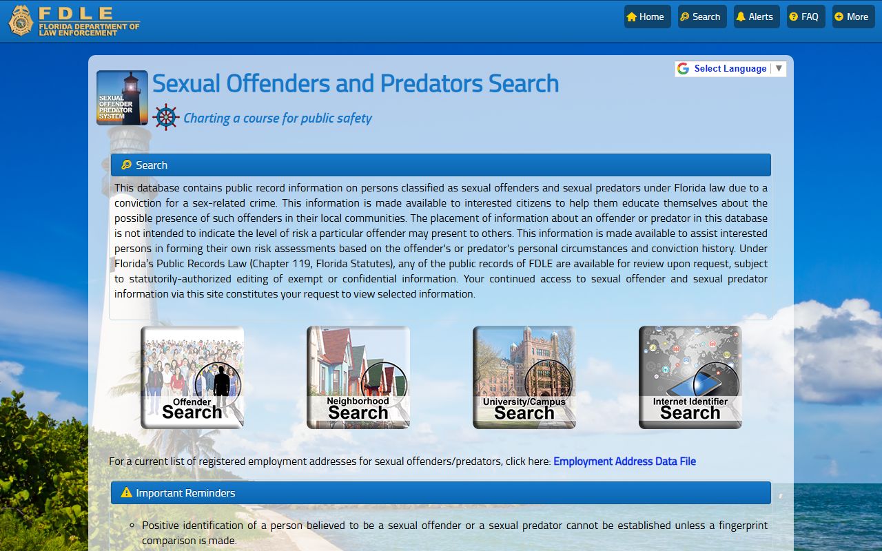 FDLE sex offender registry search page for Pinellas County released inmates who must register
