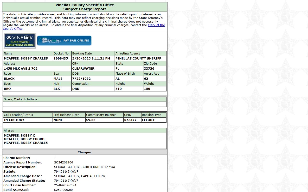 PCSO subject charge report showing custody fields for Pinellas County released inmates research