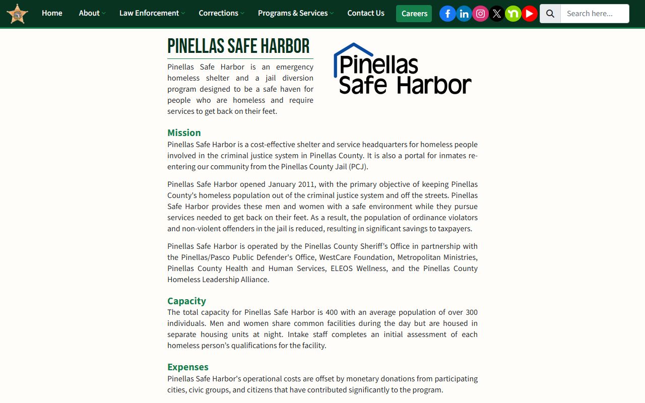 Pinellas County jail population Safe Harbor diversion program page