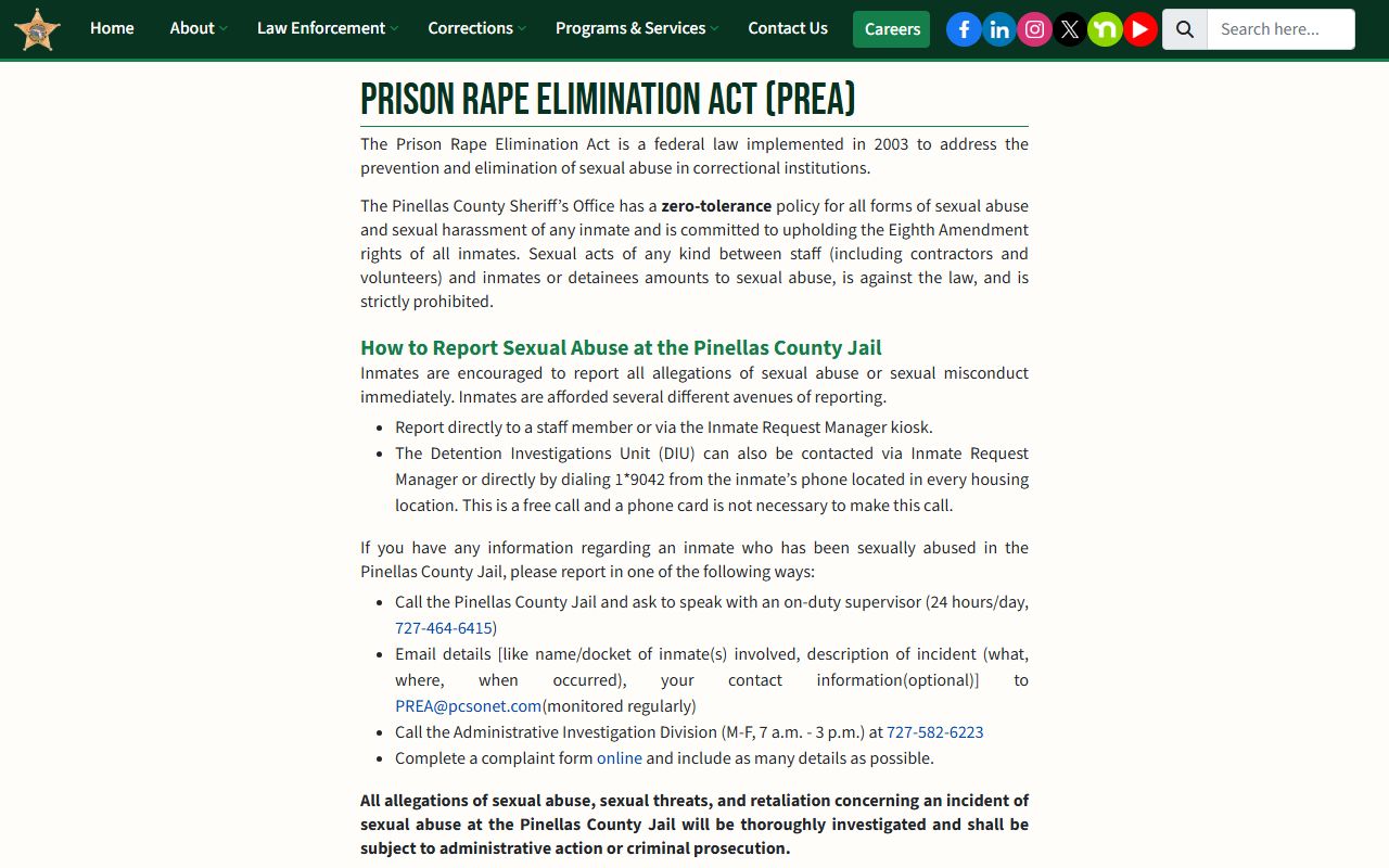 Pinellas County jail population PREA reporting page at PCSO