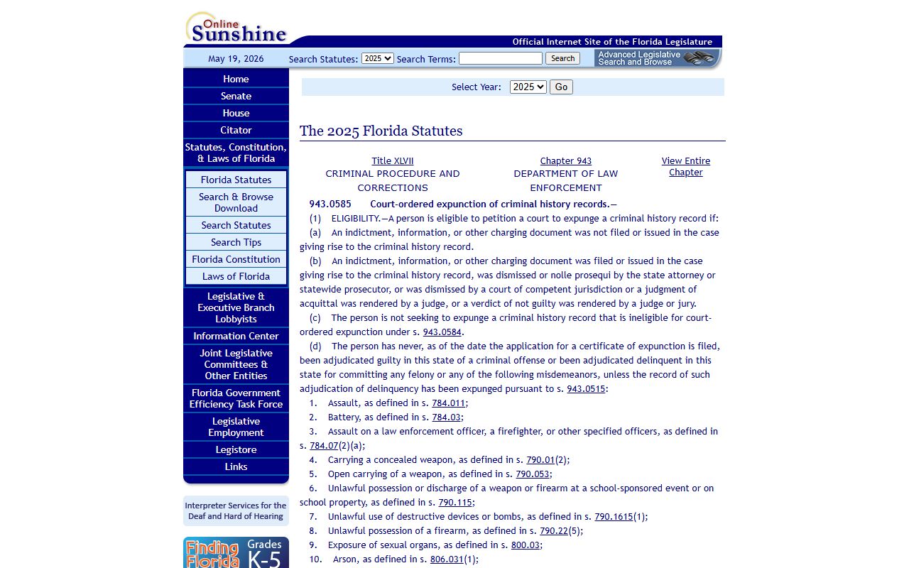 Pinellas County public records Florida Statutes section 943.0585 court-ordered expunction