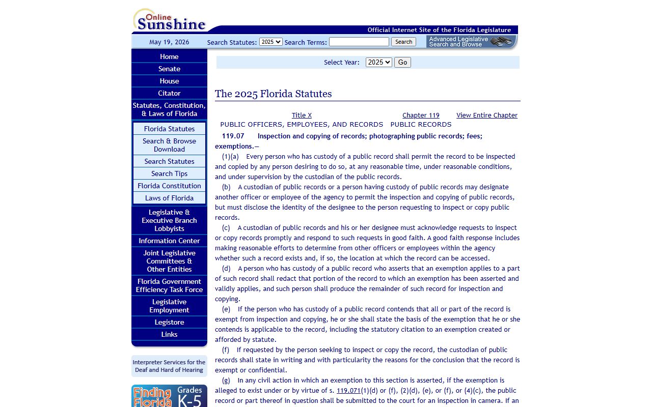 Pinellas County public records Florida Statutes section 119.07 inspection and copying page