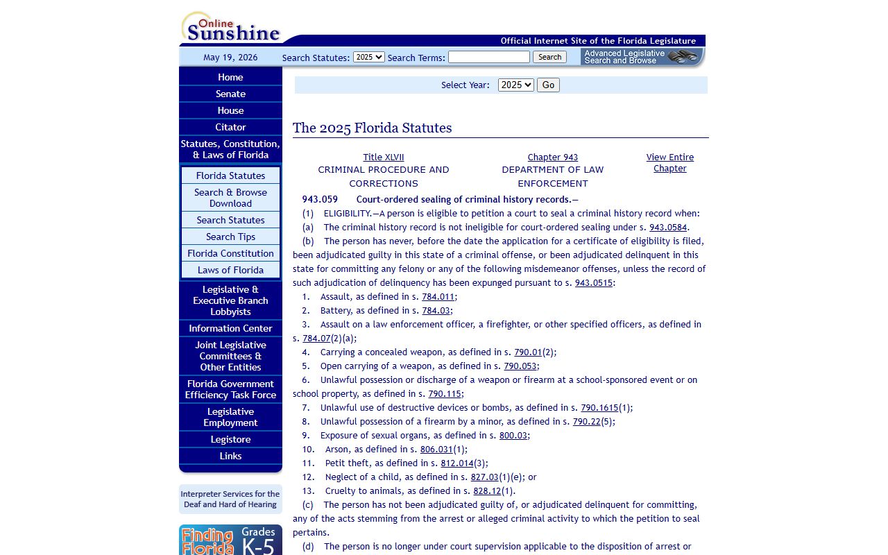 Pinellas County public records Florida Statutes section 943.059 court-ordered sealing