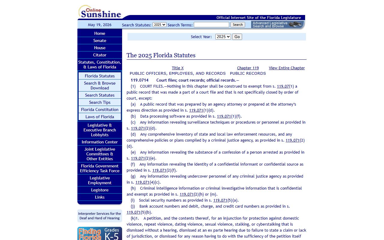 Pinellas County public records Florida Statutes section 119.0714 court and official records exemptions
