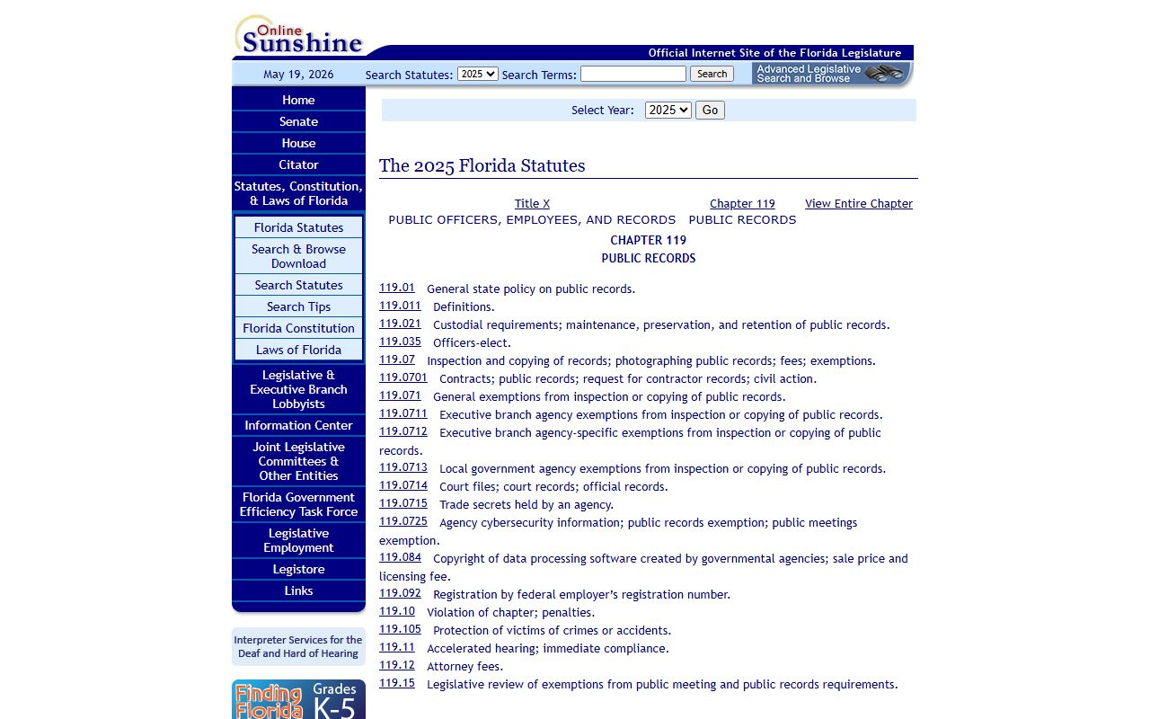 Pinellas County public records Florida Chapter 119 statute index page