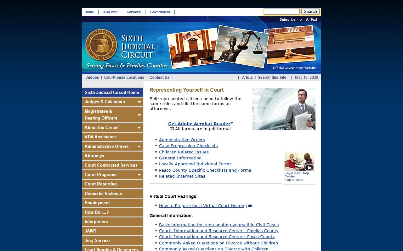 Pinellas County Circuit Court self-represented litigant page with forms, administrative orders, and virtual hearing guidance