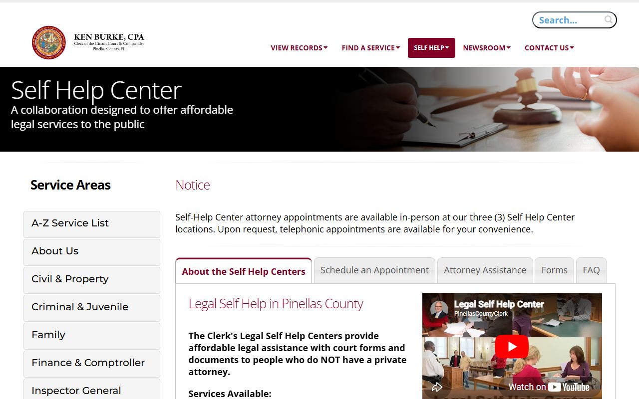 Pinellas County Clerk self-help center appointment and legal assistance resources