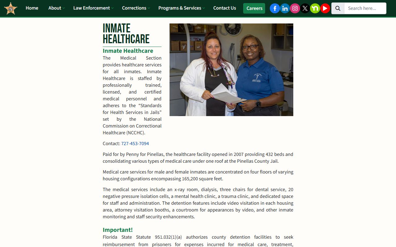 Pinellas County inmate healthcare facility at the county jail