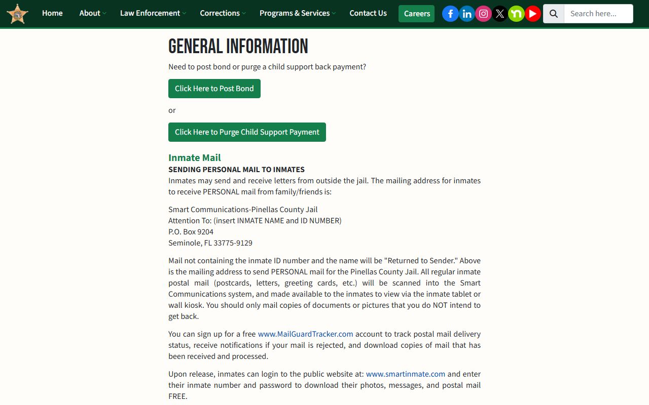 Pinellas County inmate info page covering mail money commissary and jail programs