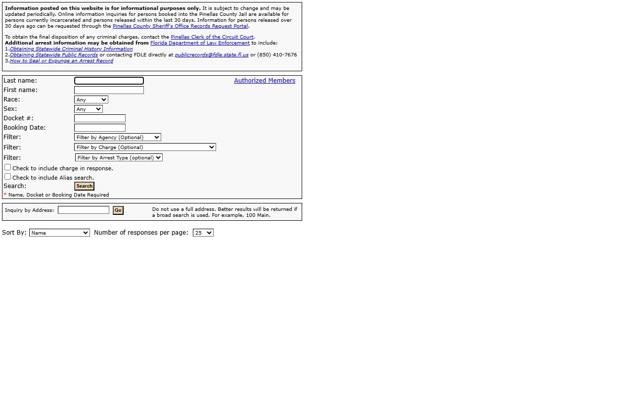 Pinellas County who's in jail inmate search portal screenshot