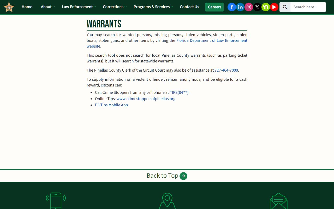 Pinellas County Sheriff warrant information page directing users to FDLE statewide wanted-person search and Clerk contact for local Pinellas County warrant questions