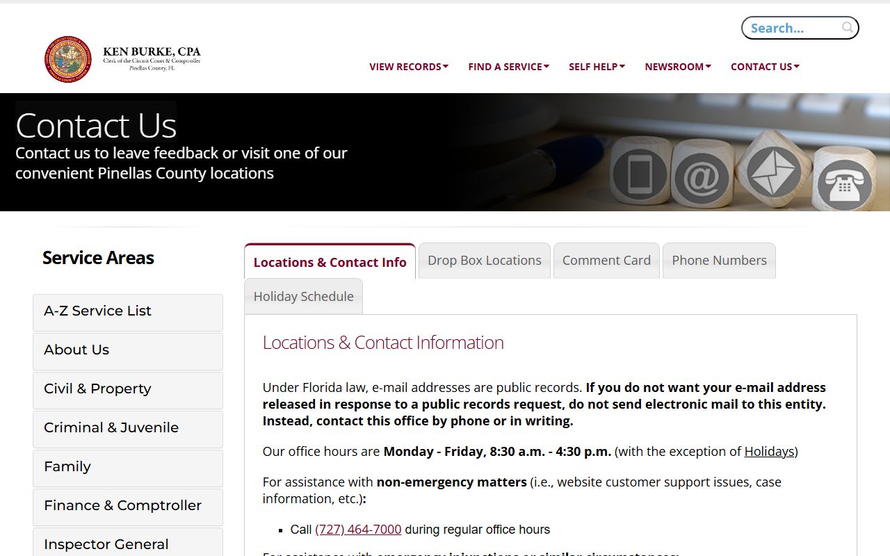 Pinellas County Clerk contact and locations page