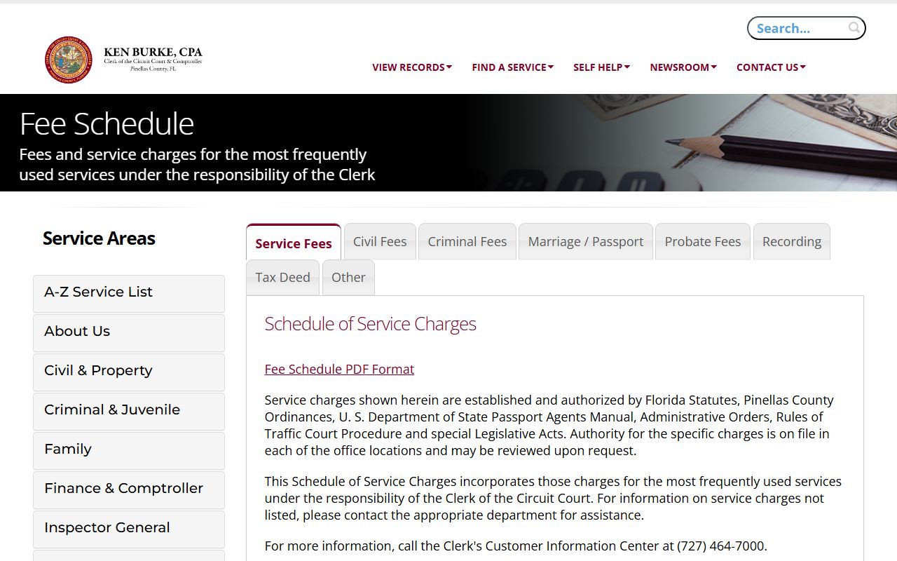 Pinellas County Clerk fee schedule court records