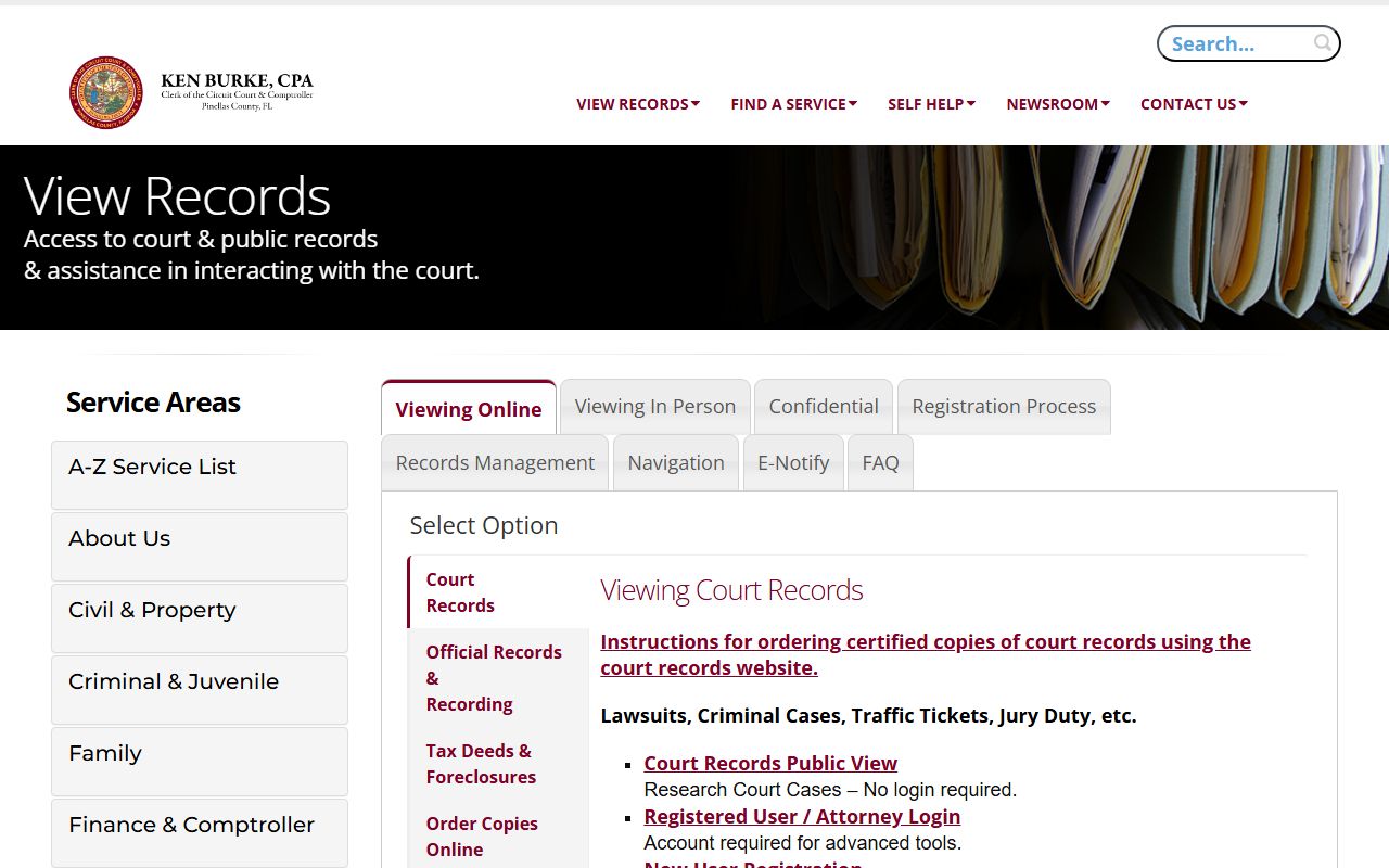 Pinellas County court records view records page